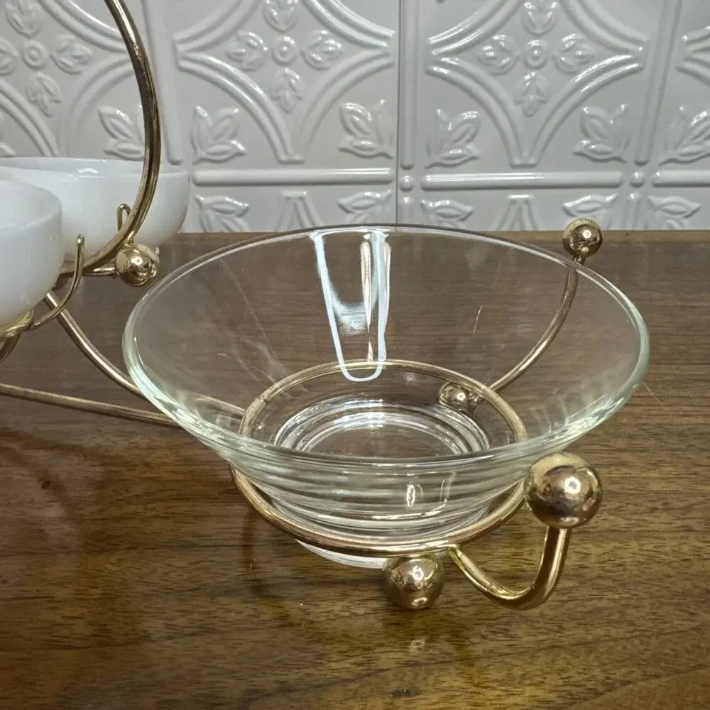 Vintage Libbey MCM Glass Gold Relish Condiment 4 Bowl Set Metal Gold tone Caddy